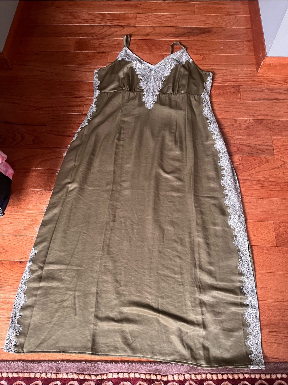 Jennie Garth ME Olive Satin Slip Dress with Ivory Lace Trim